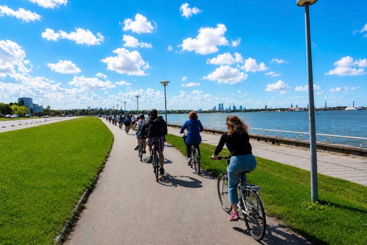 People cycling on a path by the water on a sunny day.