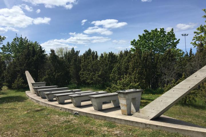 a bench is sitting in the grass in Tallinn