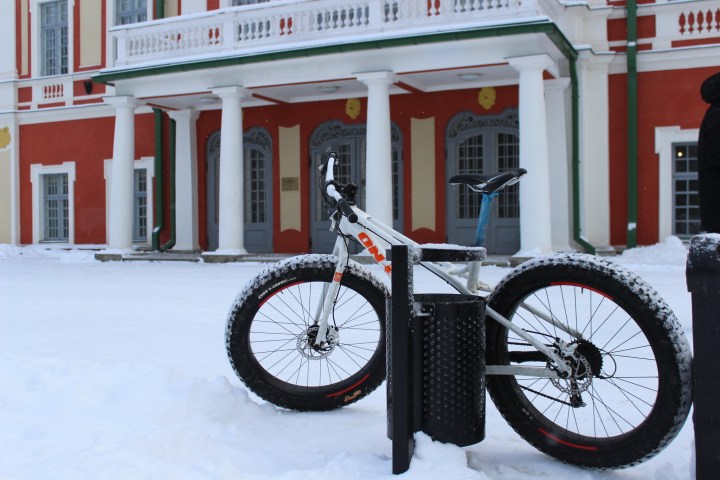 a bicycle parked on the side of a building in Tallinn