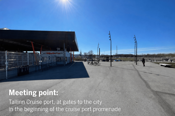 Entrance area at Tallinn Cruise port with a few people and bikes.
