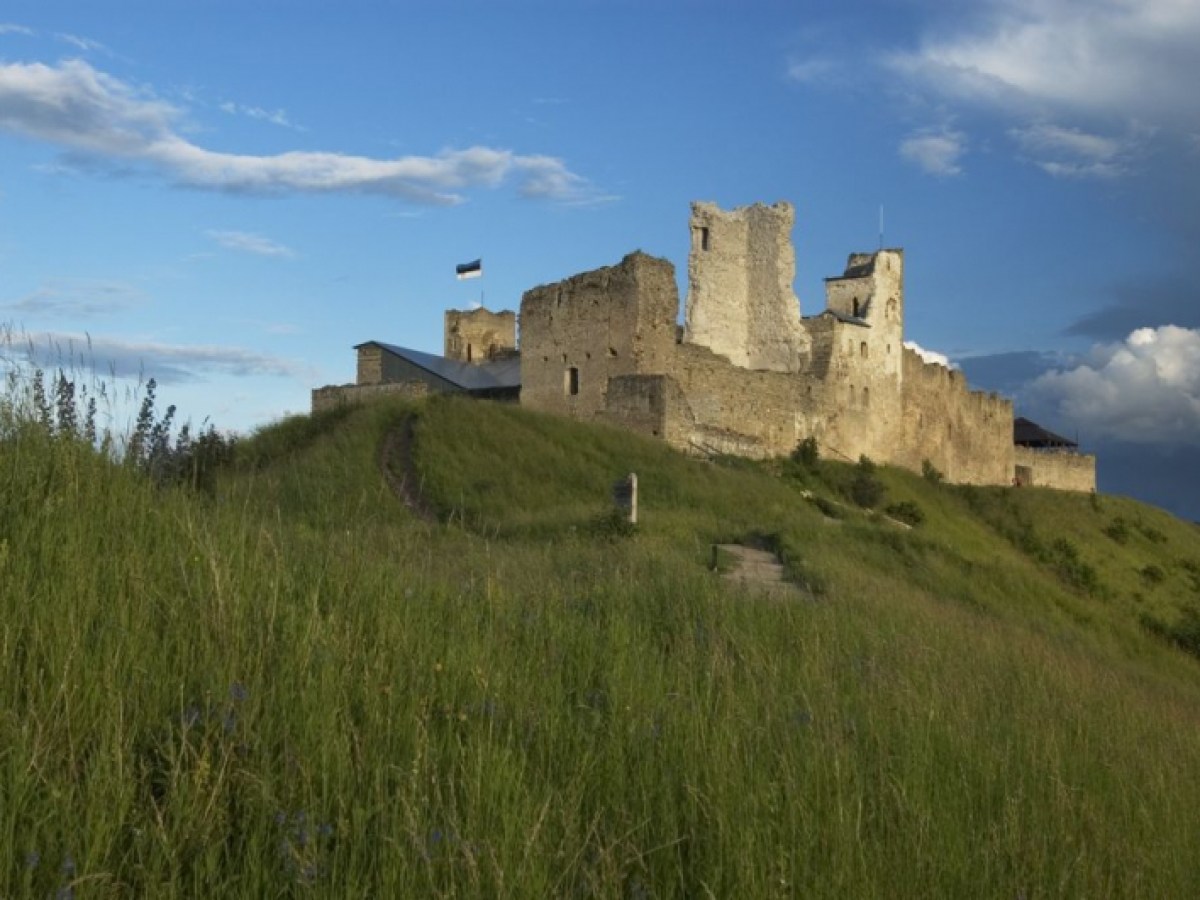 a castle on top of a grass covered field