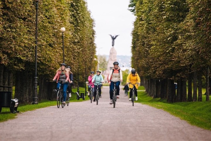 a group of people riding on the back of a bicycle