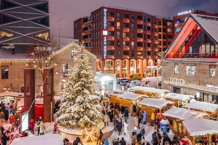 a group of people riding skis on top of a building