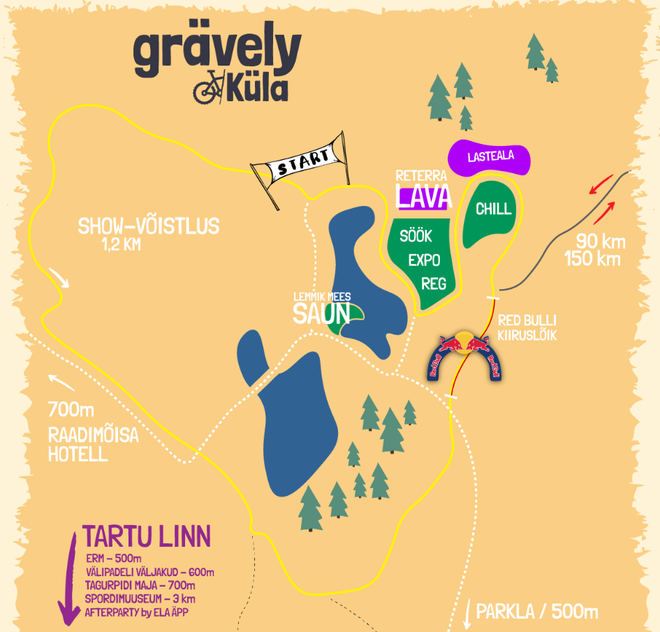 Illustrated map of Grävley Küla event with routes, landmarks, and facilities.