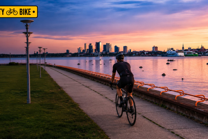 Cyclist on path by the water with city skyline at sunset.